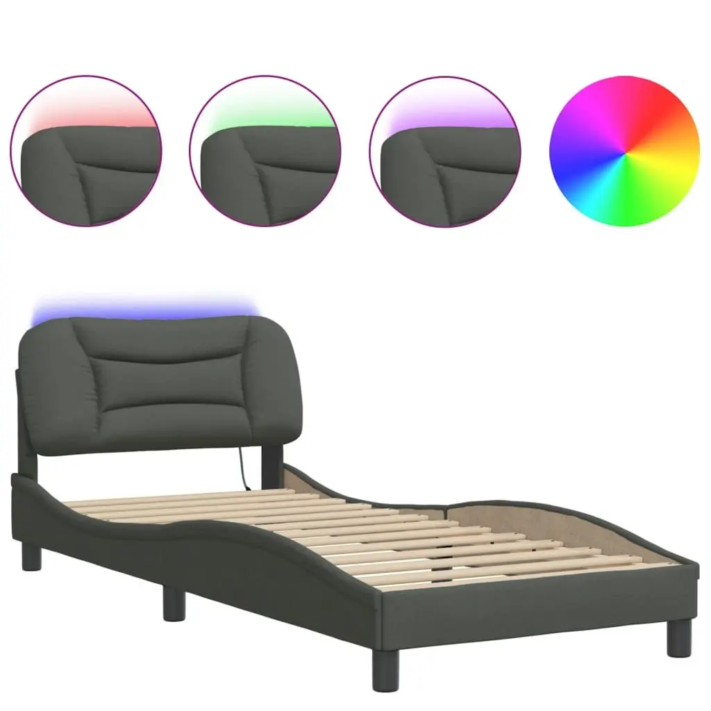 Grey Bed Frame with LED Lights and Fabric Upholstery 90x190 cm