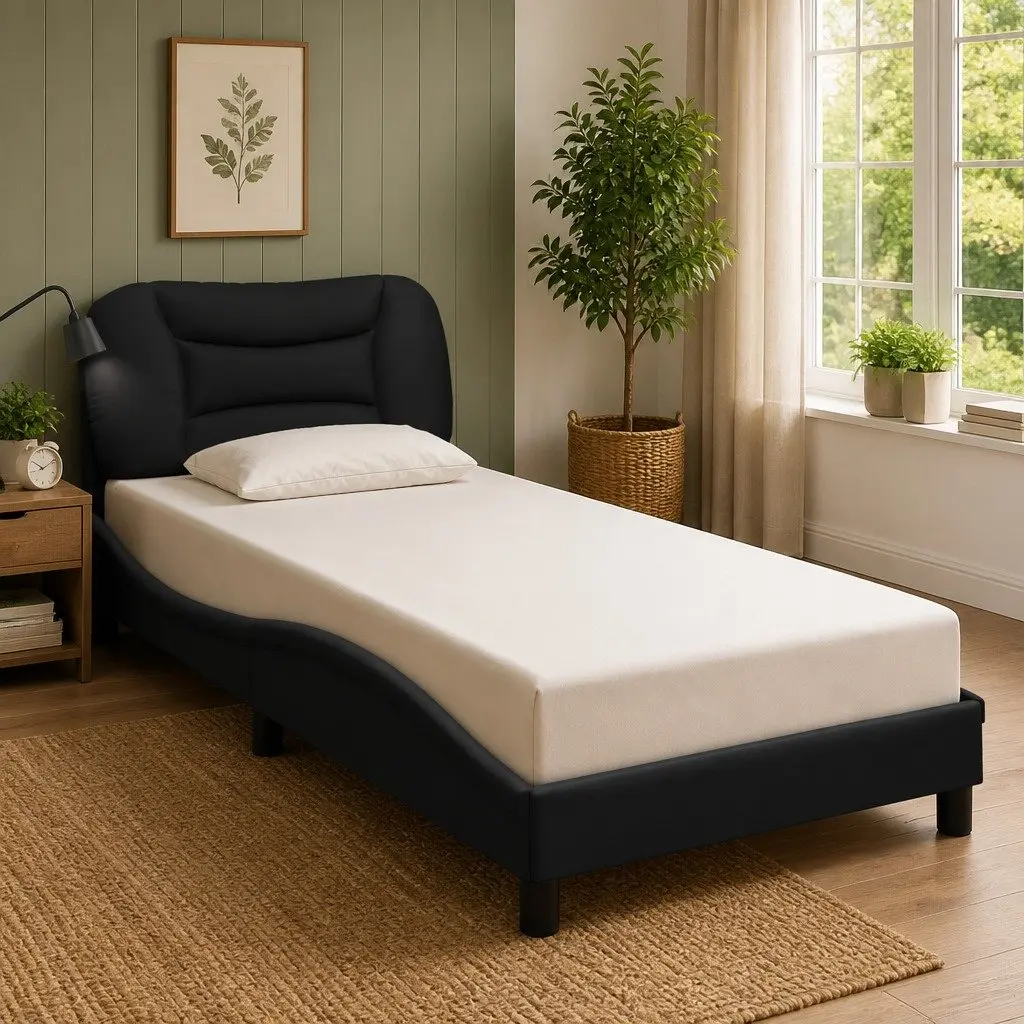 LED Bed Frame with Black Fabric Headboard 90x190 cm