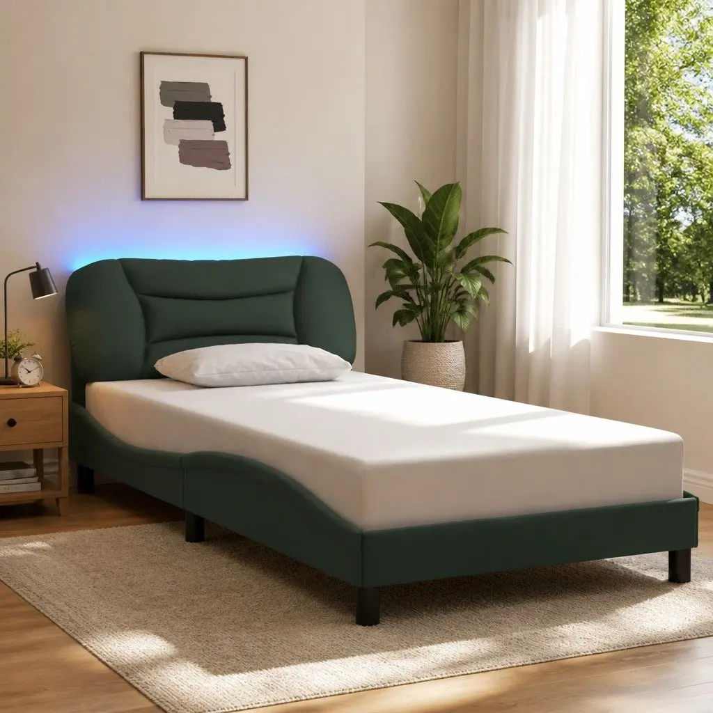King Single Bed Frame Grey Fabric Headboard Plywood Slats LED Lights