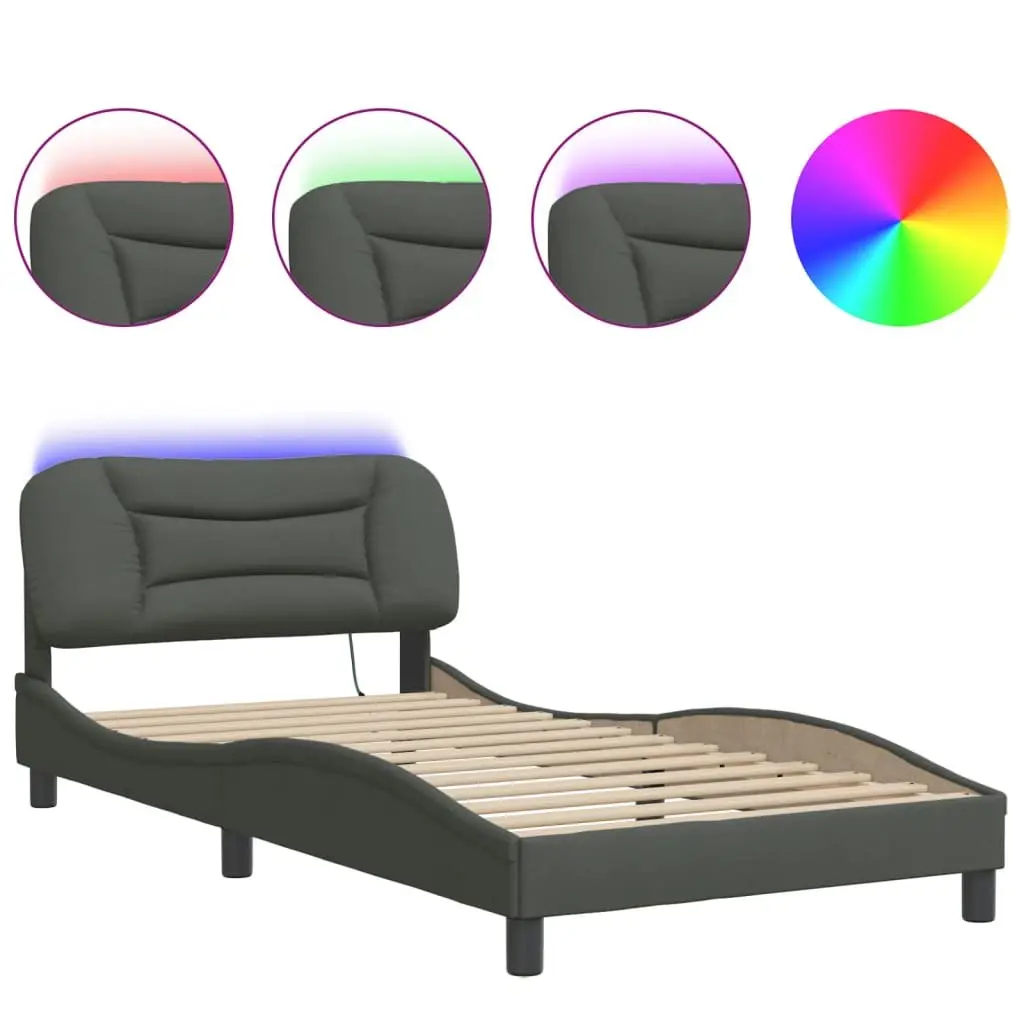 King Single Bed Frame Grey Fabric Headboard Plywood Slats LED Lights