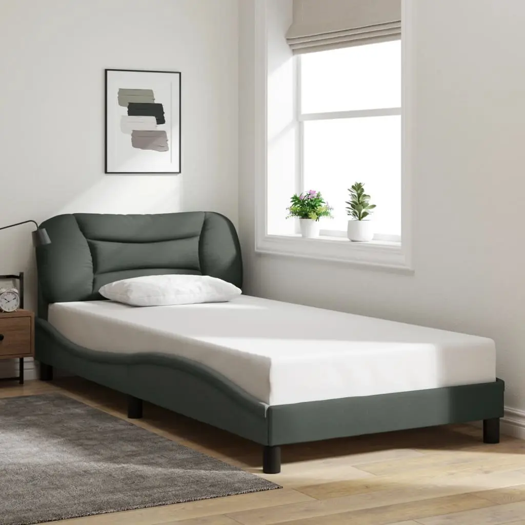 King Single Bed Frame Grey Fabric Headboard Plywood Slats LED Lights