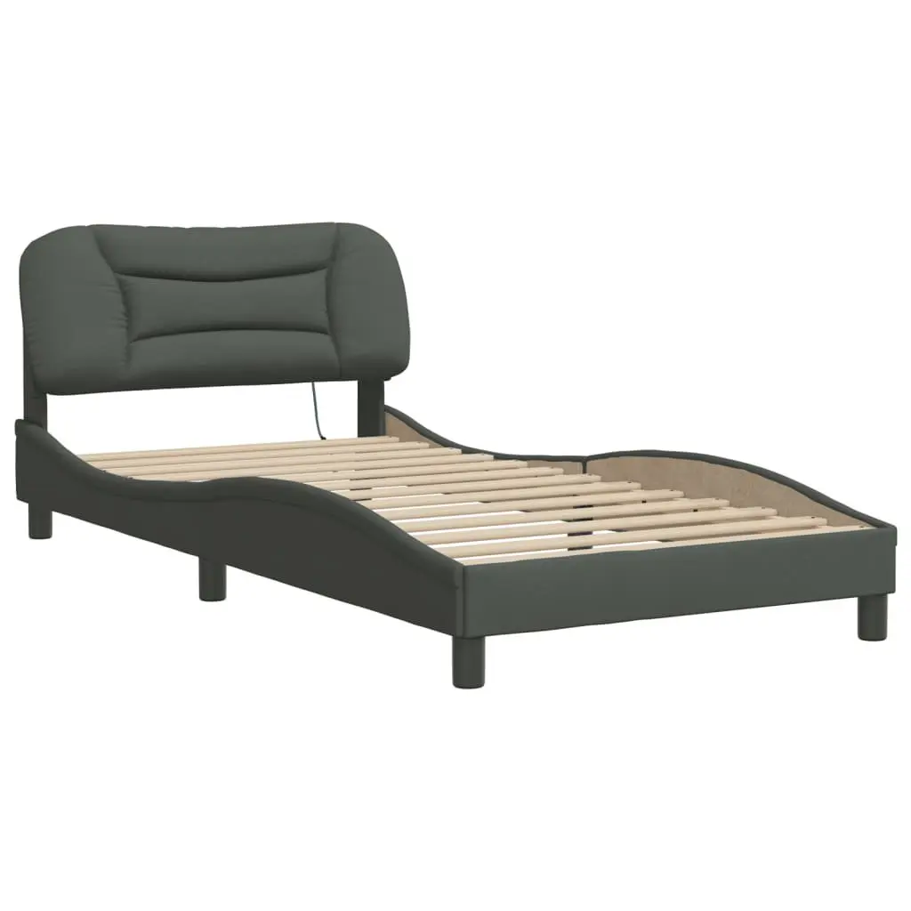 King Single Bed Frame Grey Fabric Headboard Plywood Slats LED Lights