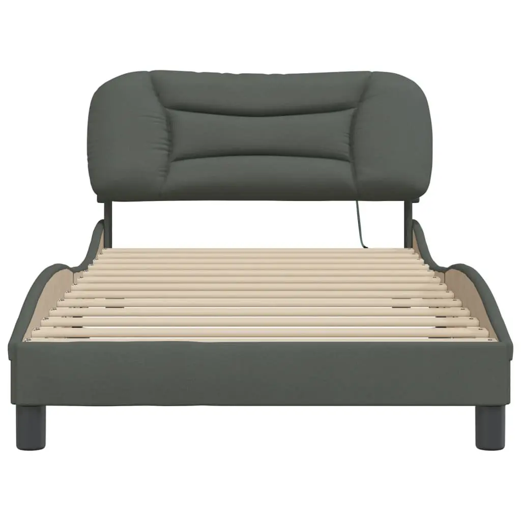 King Single Bed Frame Grey Fabric Headboard Plywood Slats LED Lights
