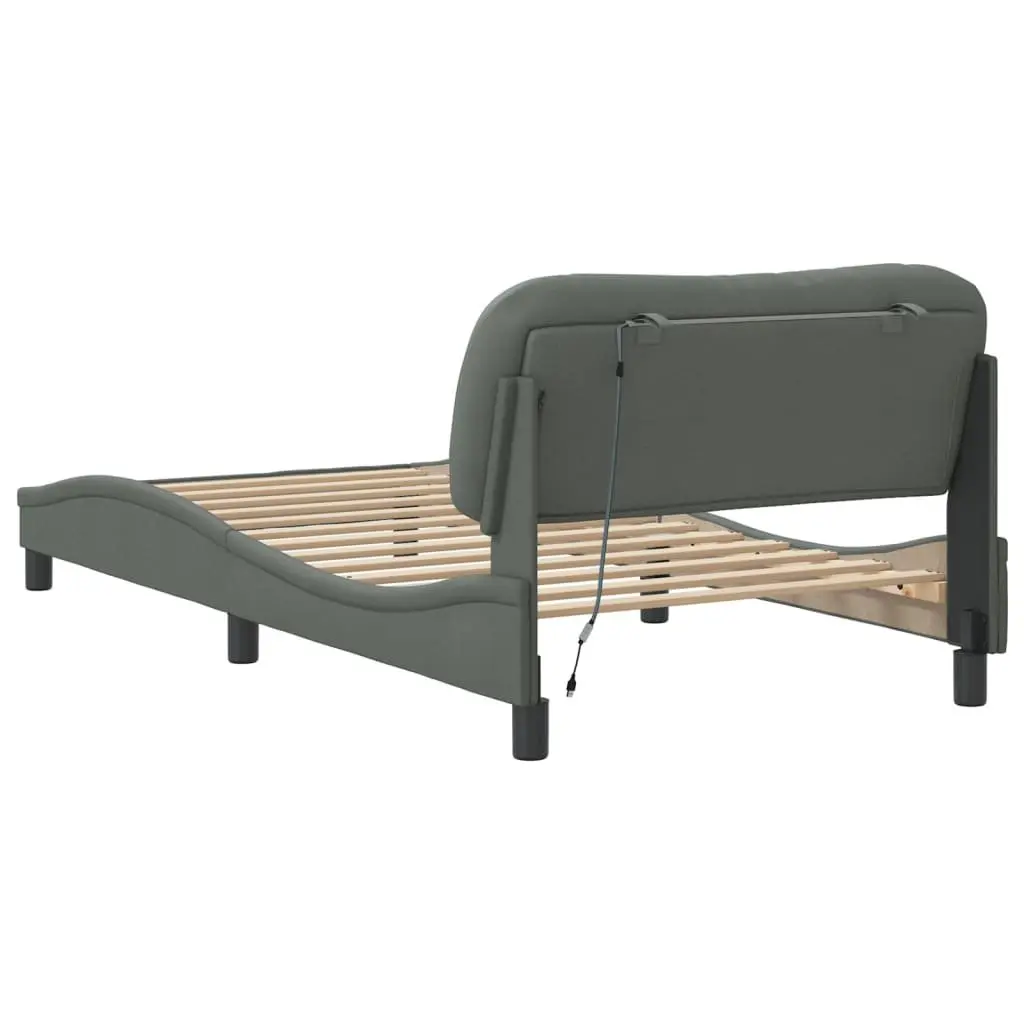 King Single Bed Frame Grey Fabric Headboard Plywood Slats LED Lights