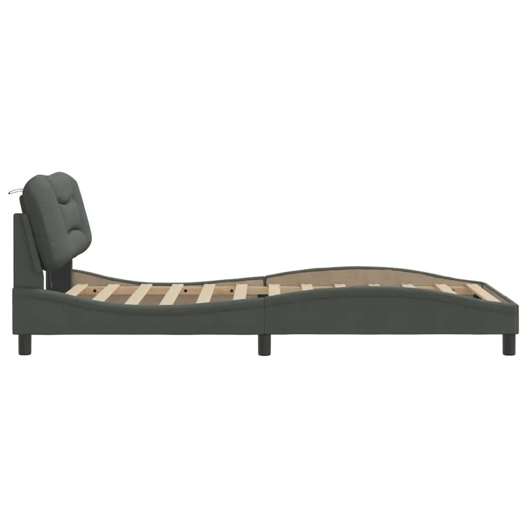 King Single Bed Frame Grey Fabric Headboard Plywood Slats LED Lights