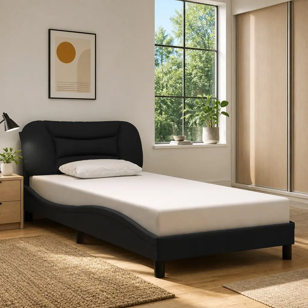 King Single Bed Frame with Integrated LED Lights and Fabric Headboard
