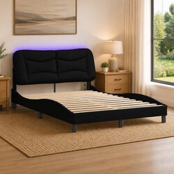 Cozy Double Bed Frame with LED Lights Black Fabric Headboard