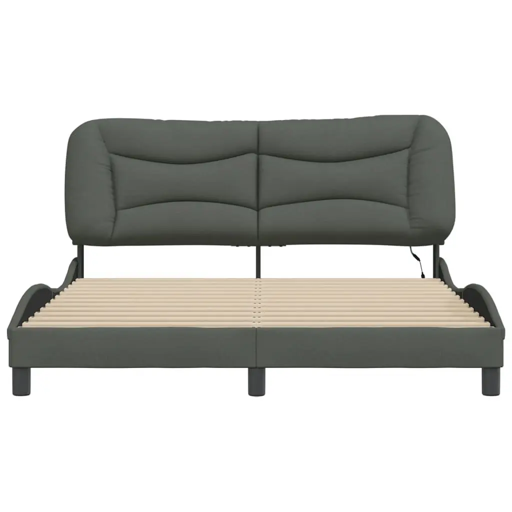 Queen Bed Frame with LED Lights and Grey Upholstery 152x203 cm