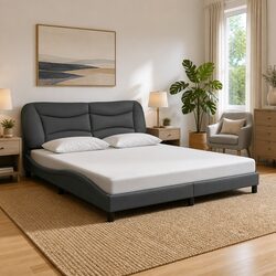King Bed Frame with Grey Fabric Headboard and LED Lights