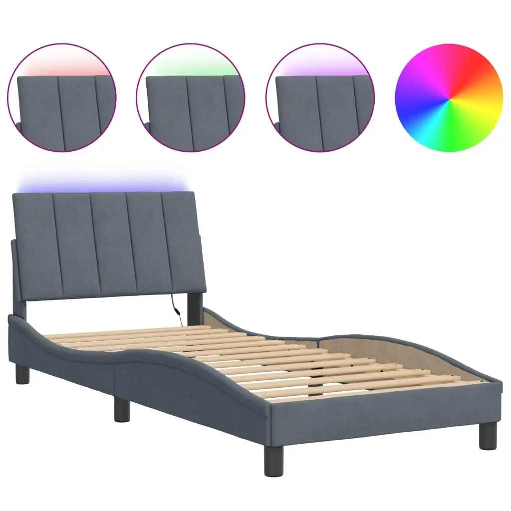 Bed Frame Grey Velvet 90x190 cm Upholstered with LED Lights Slatted Base