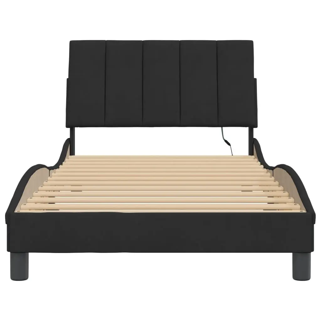 King Single Bed Frame Black Velvet Upholstered 107x203 cm with LED Lights