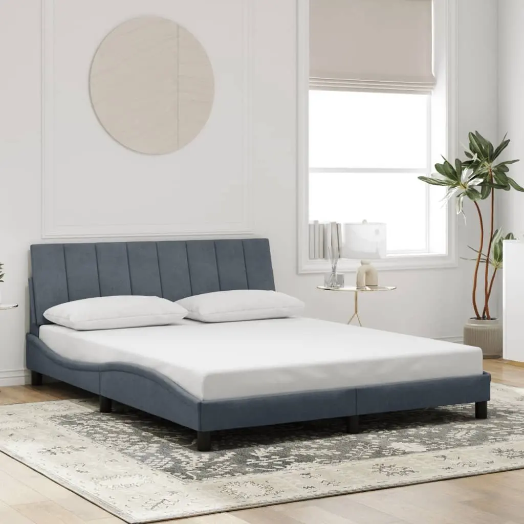 Queen Bed Frame with LED Grey Velvet Headboard