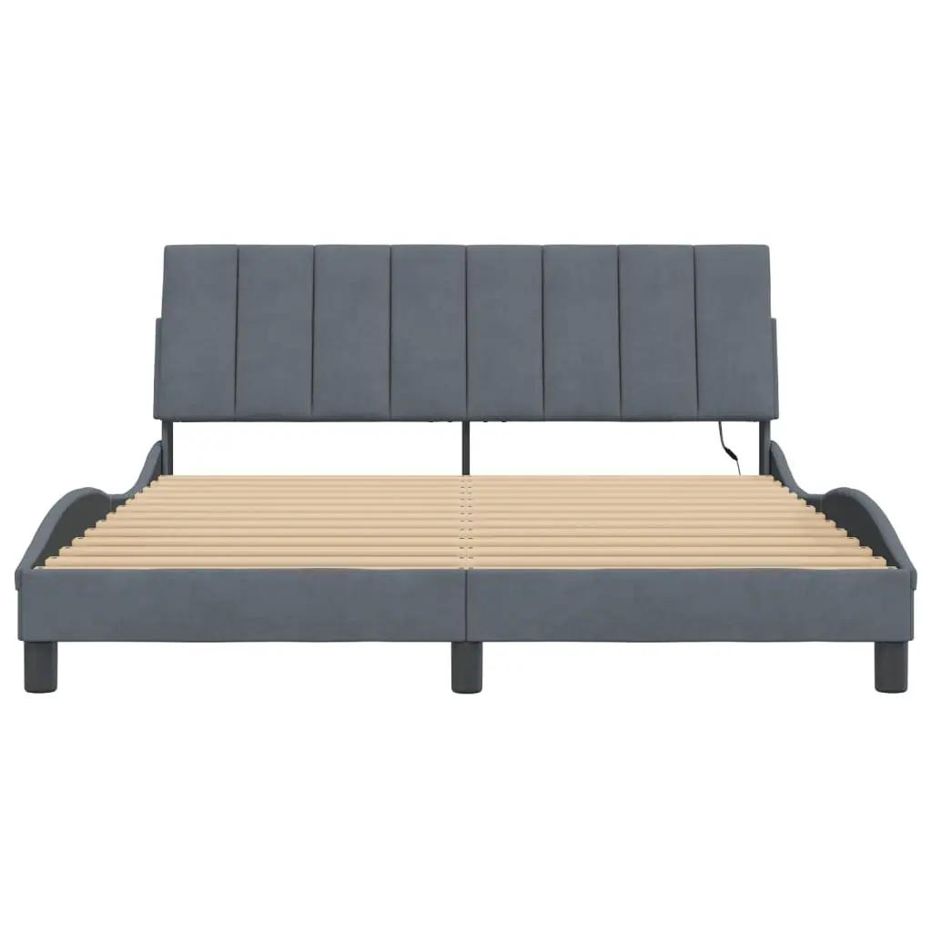 Queen Bed Frame with LED Grey Velvet Headboard