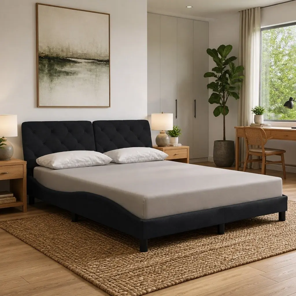 Queen Bed Frame with LED Lights and Velvet Headboard