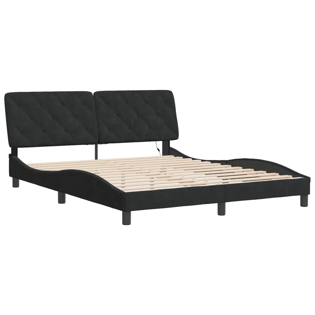 Queen Bed Frame with LED Lights and Velvet Headboard