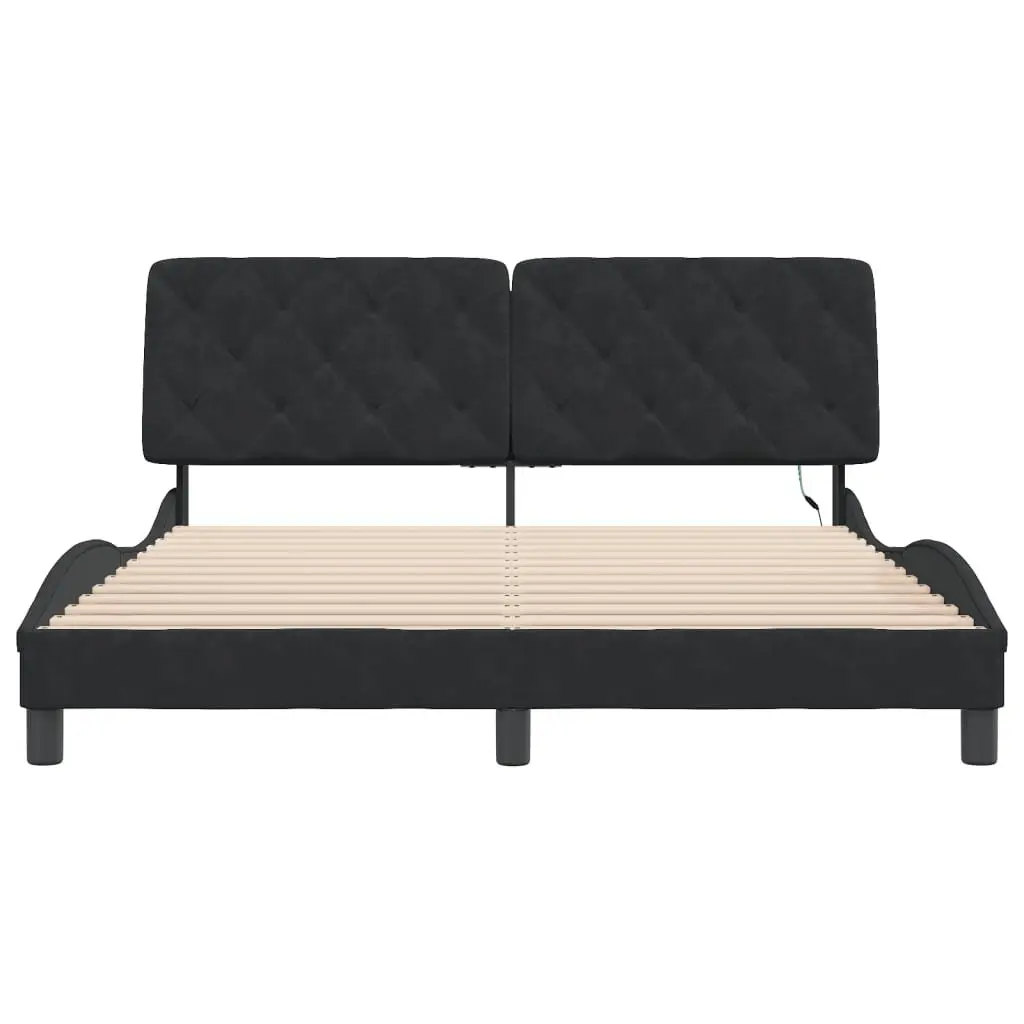 Queen Bed Frame with LED Lights and Velvet Headboard
