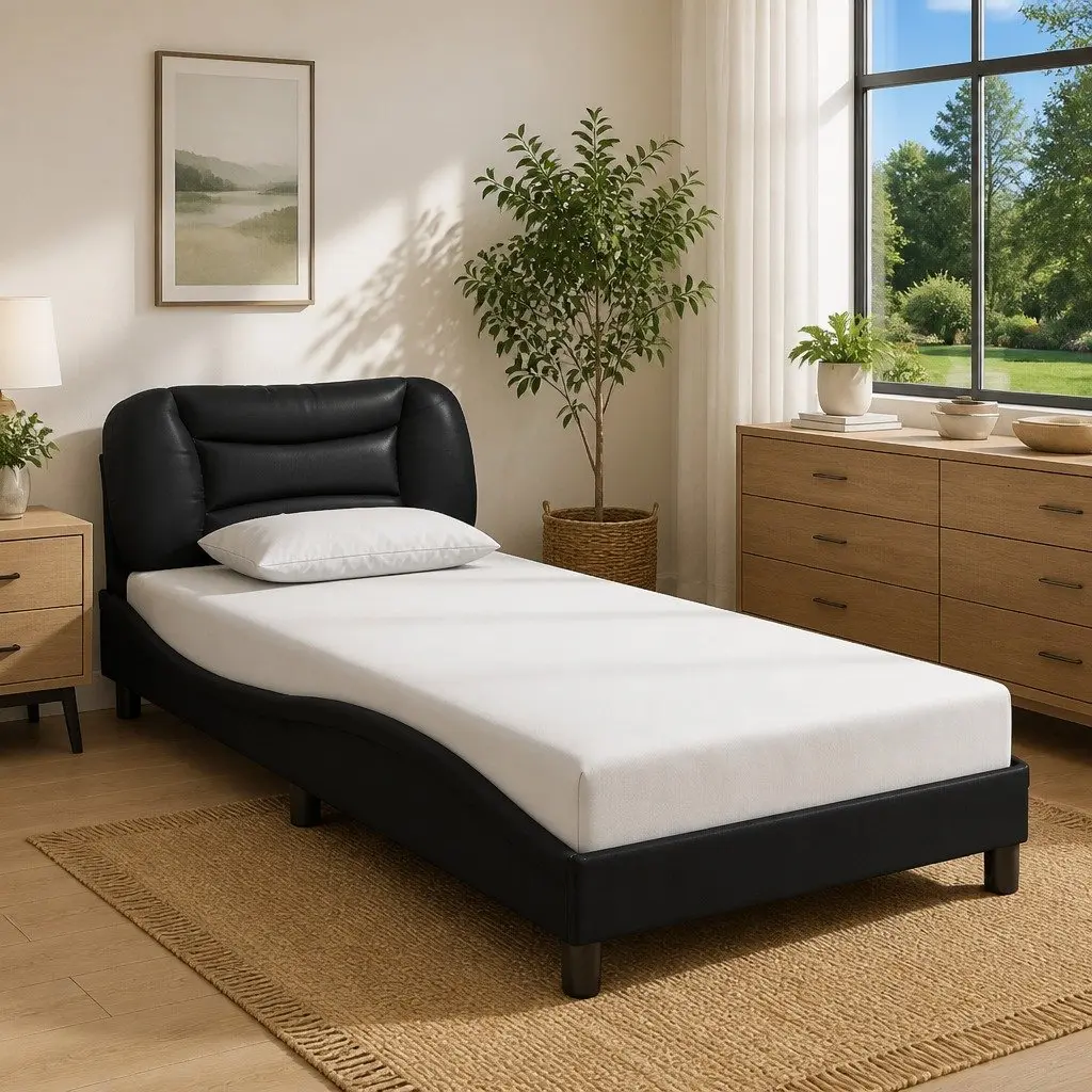Black Bed Frame with LED Lights Padded Headboard 90x190 cm Faux Leather