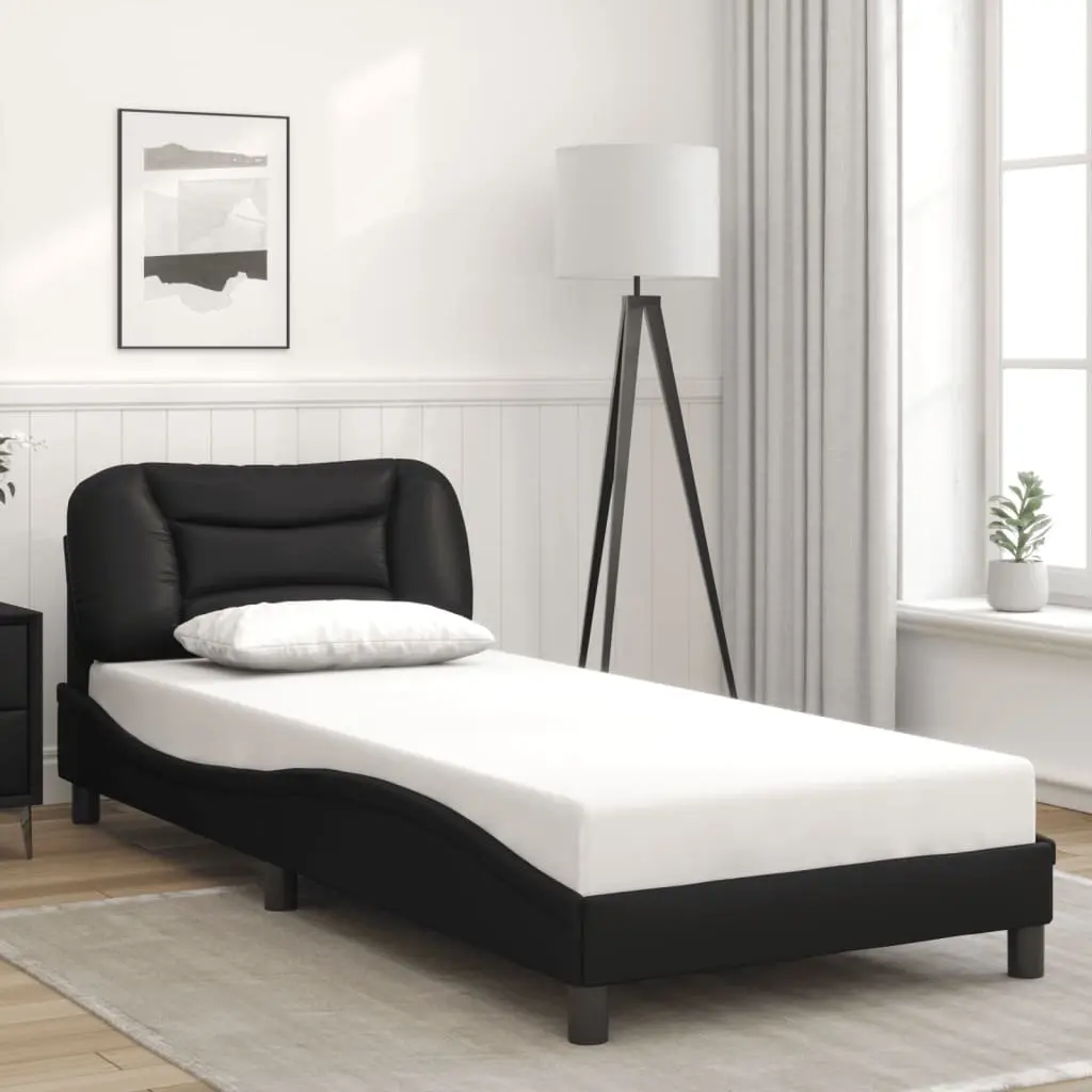 Black Bed Frame with LED Lights Padded Headboard 90x190 cm Faux Leather