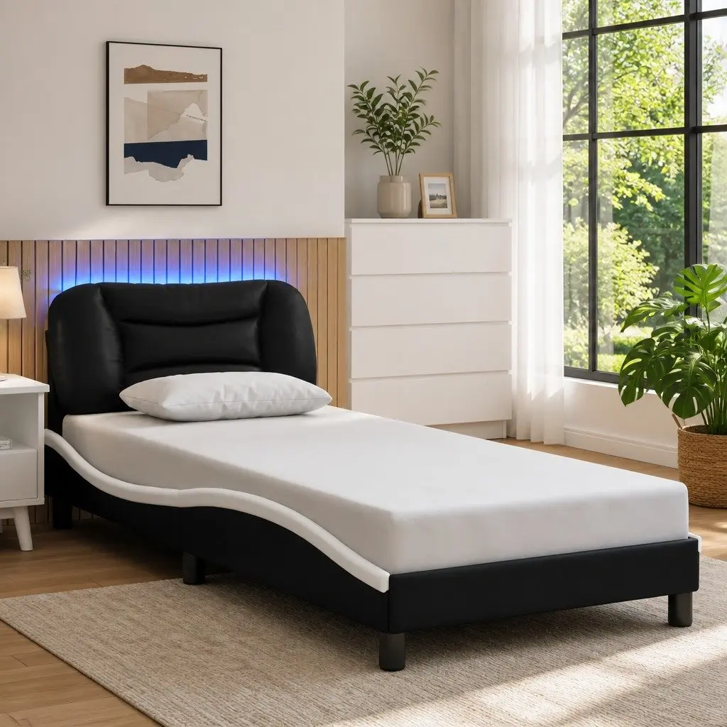 LED Bed Frame with Black and White Faux Leather Headboard