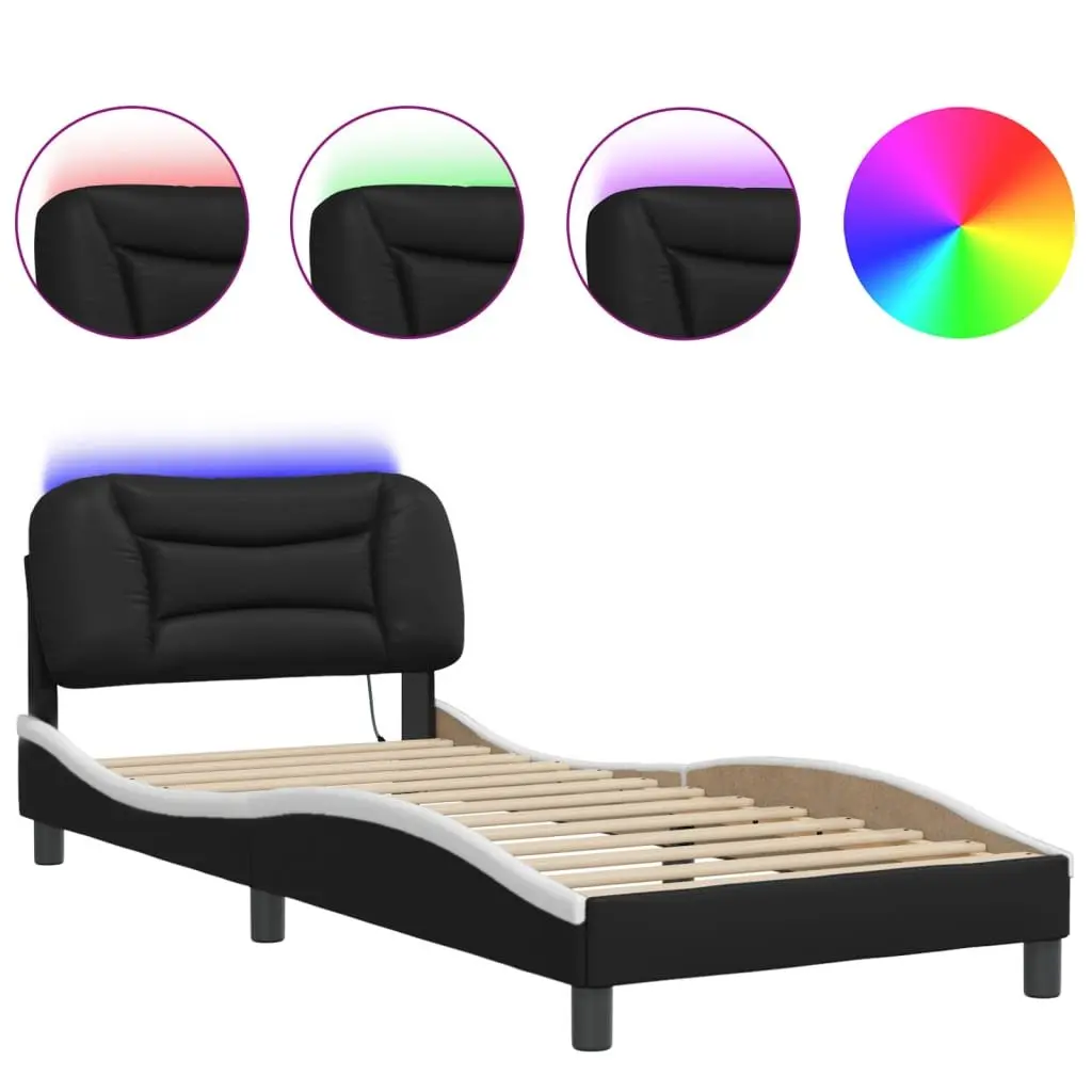 LED Bed Frame with Black and White Faux Leather Headboard