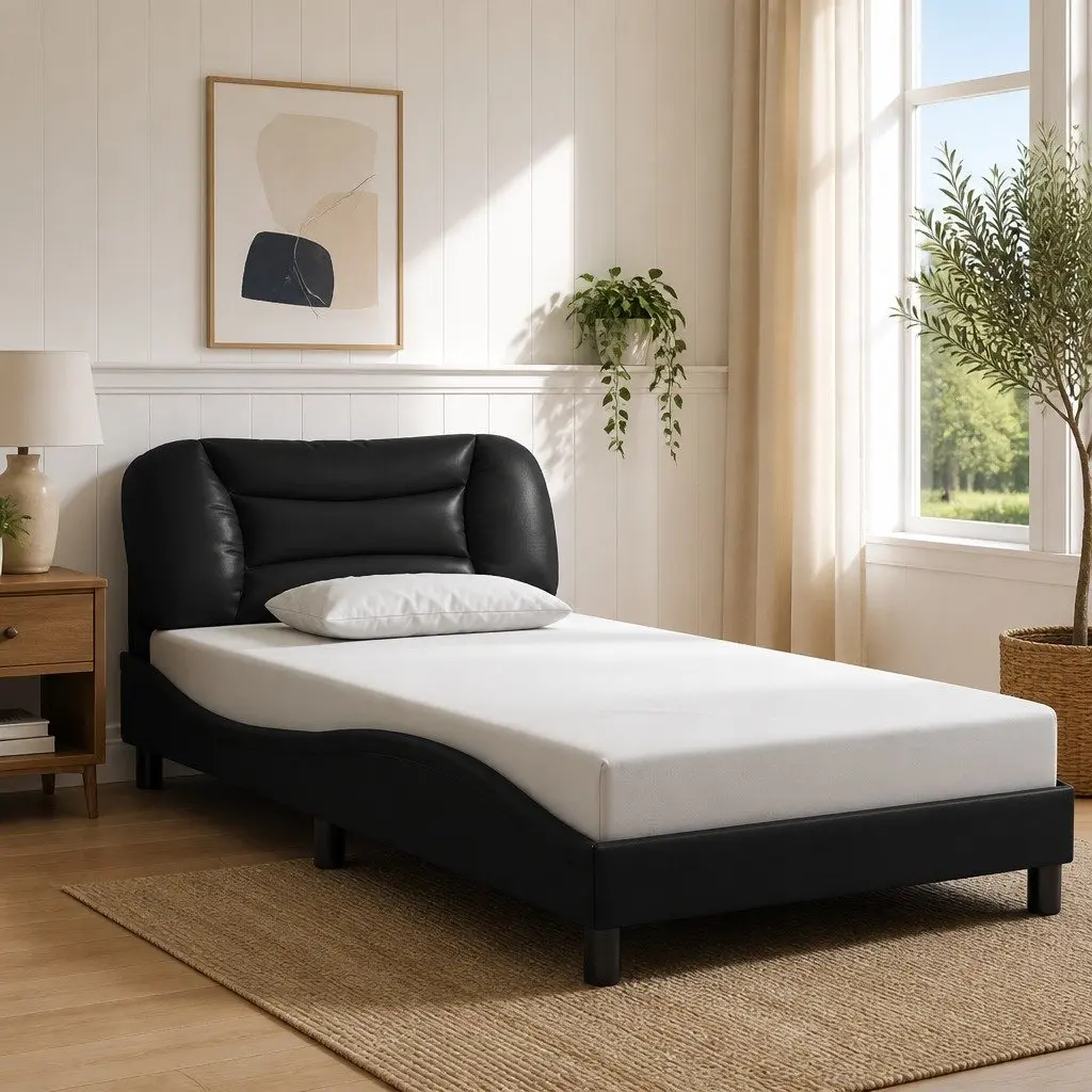 Bed Frame Black Faux Leather 107x203 cm with LED Lights Headboard