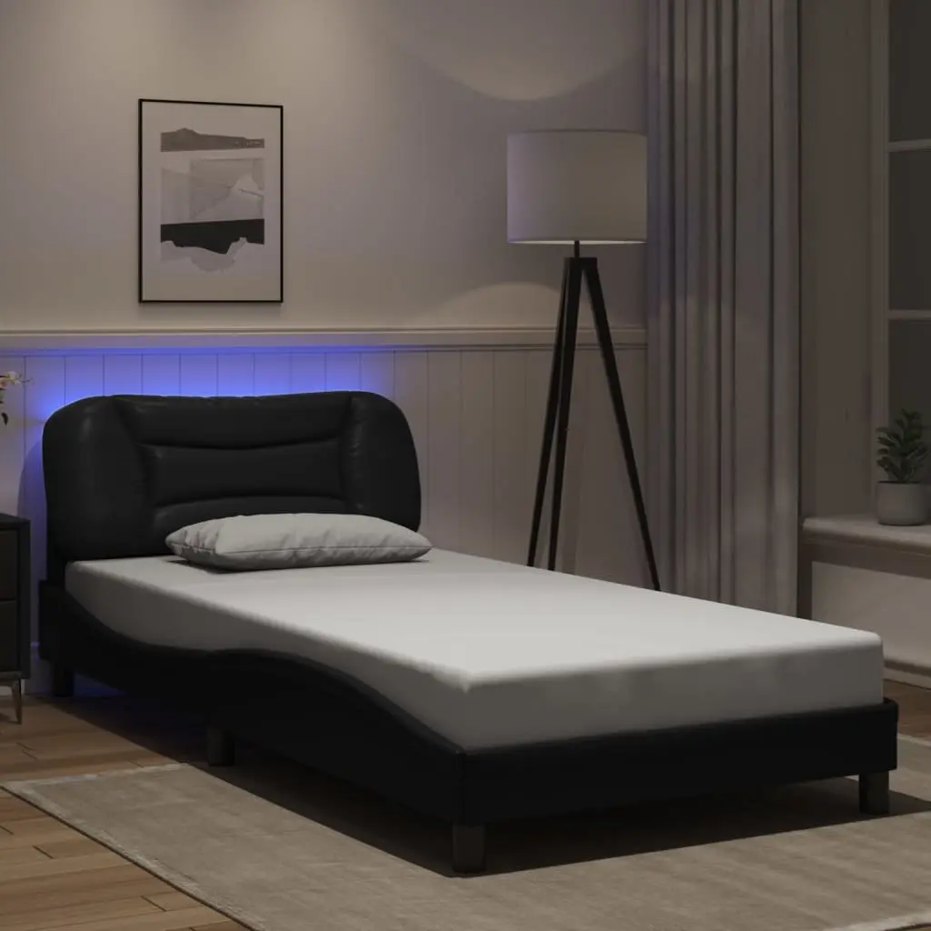 Bed Frame Black Faux Leather 107x203 cm with LED Lights Headboard