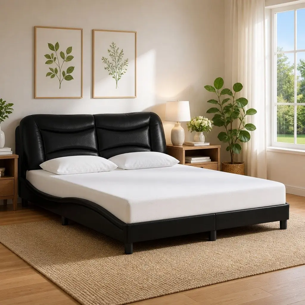 Bed Frame Black Faux Leather 152x203 cm Plywood Slats