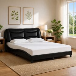 Black Faux Leather Bed Frame with LED Lights 152x203 cm