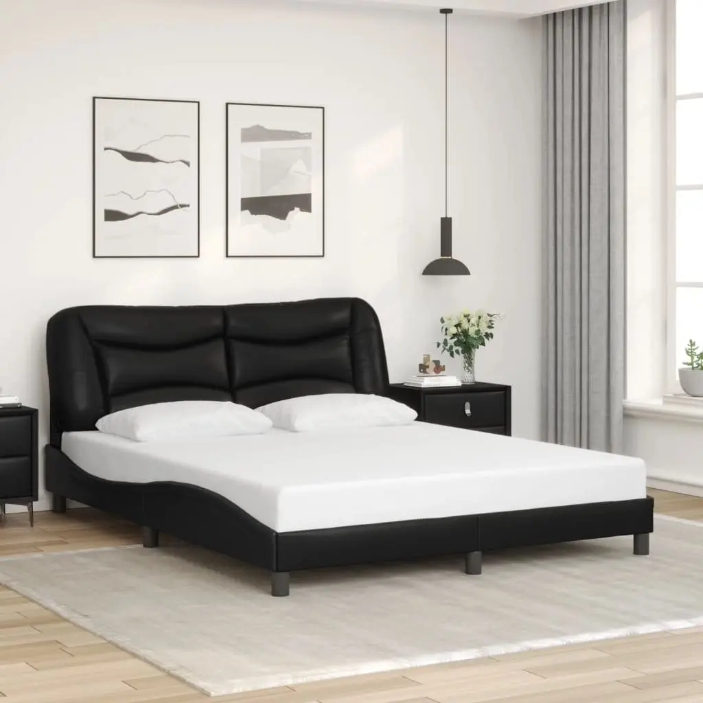 Bed Frame Black Faux Leather 152x203 cm Plywood Slats