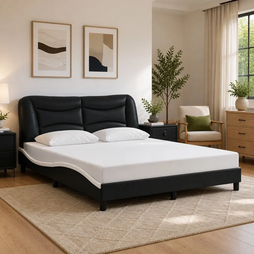 Bed Frame LED Lights Black White 152x203cm Faux Leather Plywood Slats