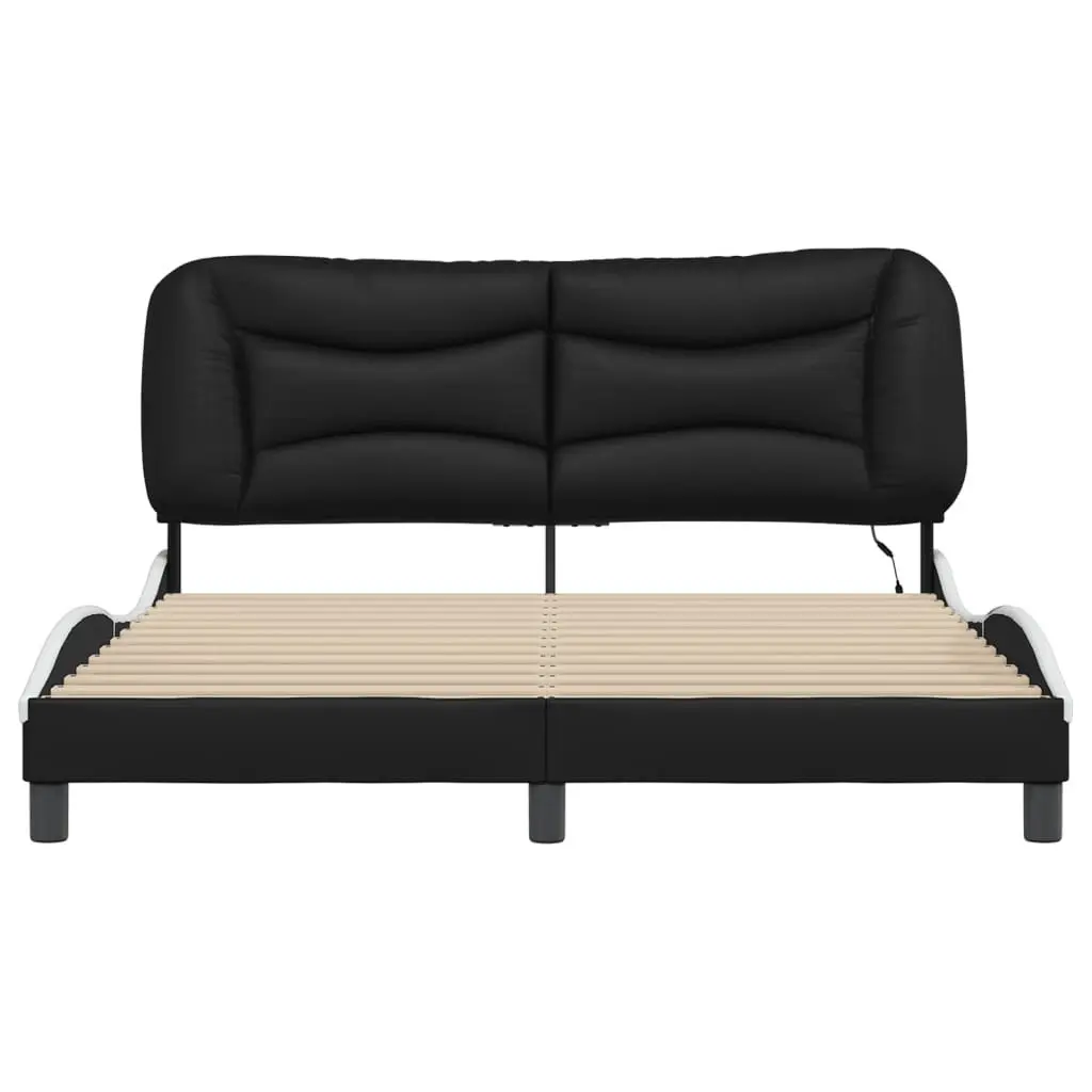 Bed Frame LED Lights Black White 152x203cm Faux Leather Plywood Slats