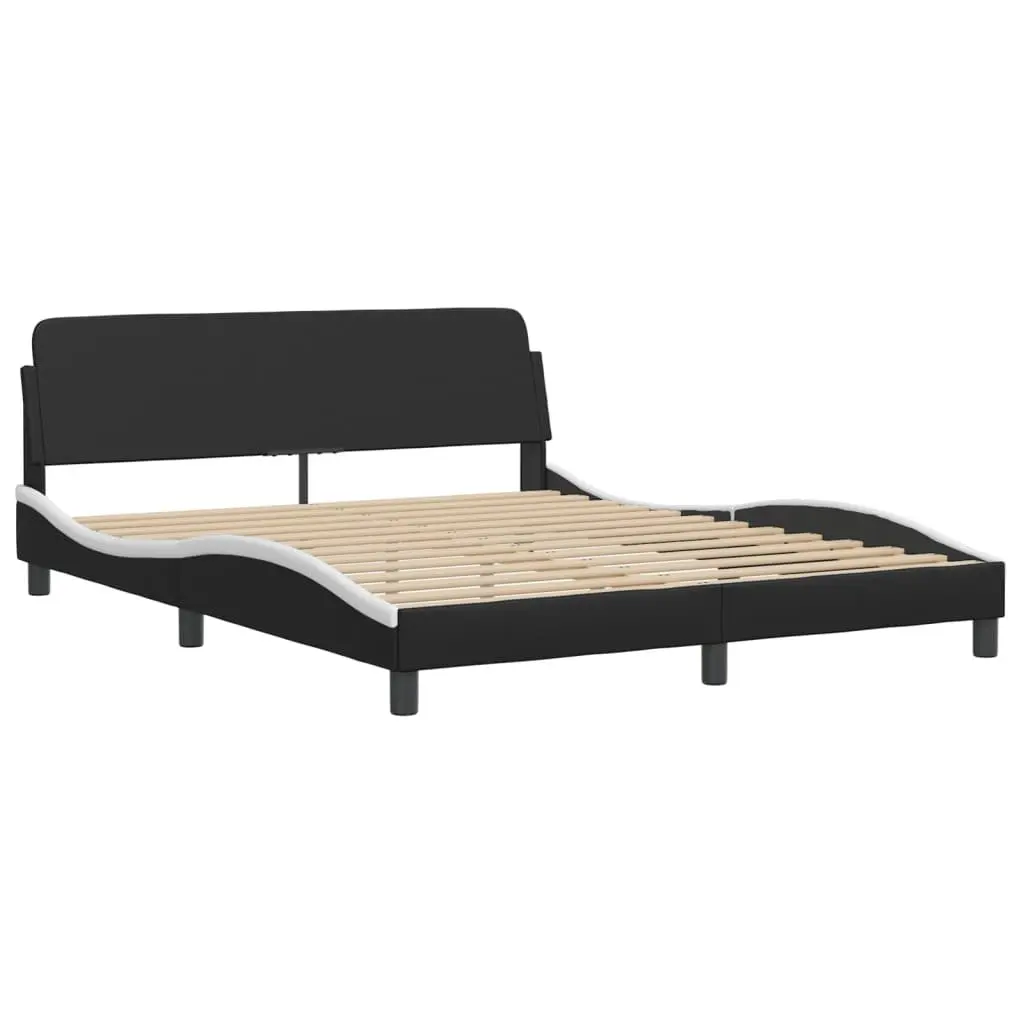 Bed Frame LED Lights Black White 152x203cm Faux Leather Plywood Slats