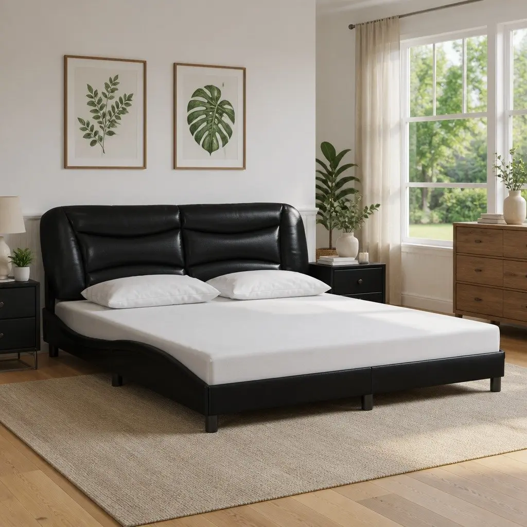 Bed Frame Black Faux Leather Headboard Pillow 180x200 cm with LED Lights