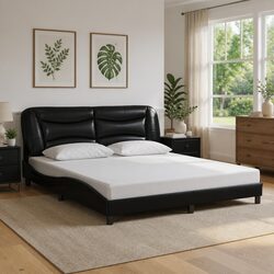 LED Light Bed Frame with Black Faux Leather Headboard