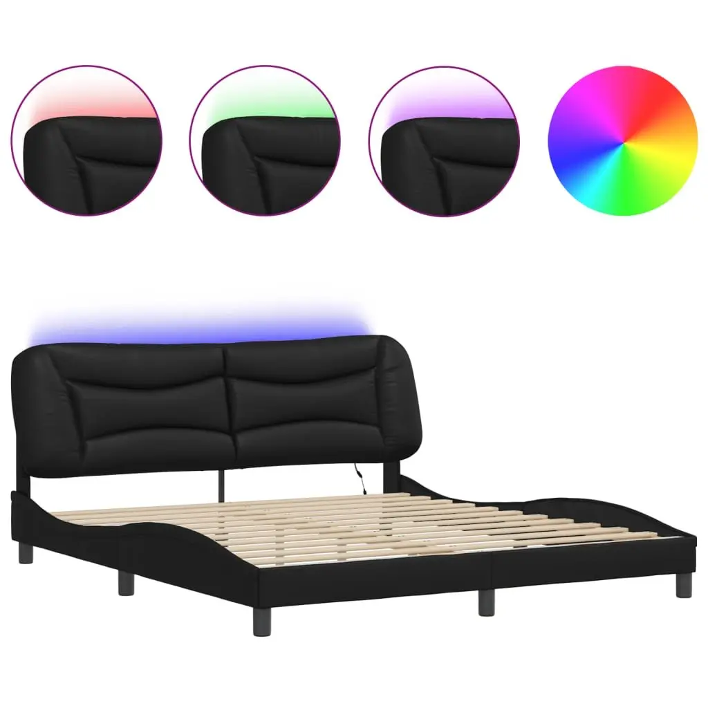 Bed Frame Black Faux Leather Headboard Pillow 180x200 cm with LED Lights