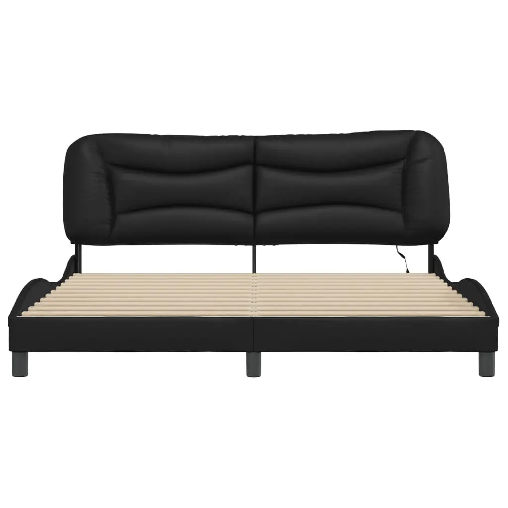 Bed Frame Black Faux Leather Headboard Pillow 180x200 cm with LED Lights