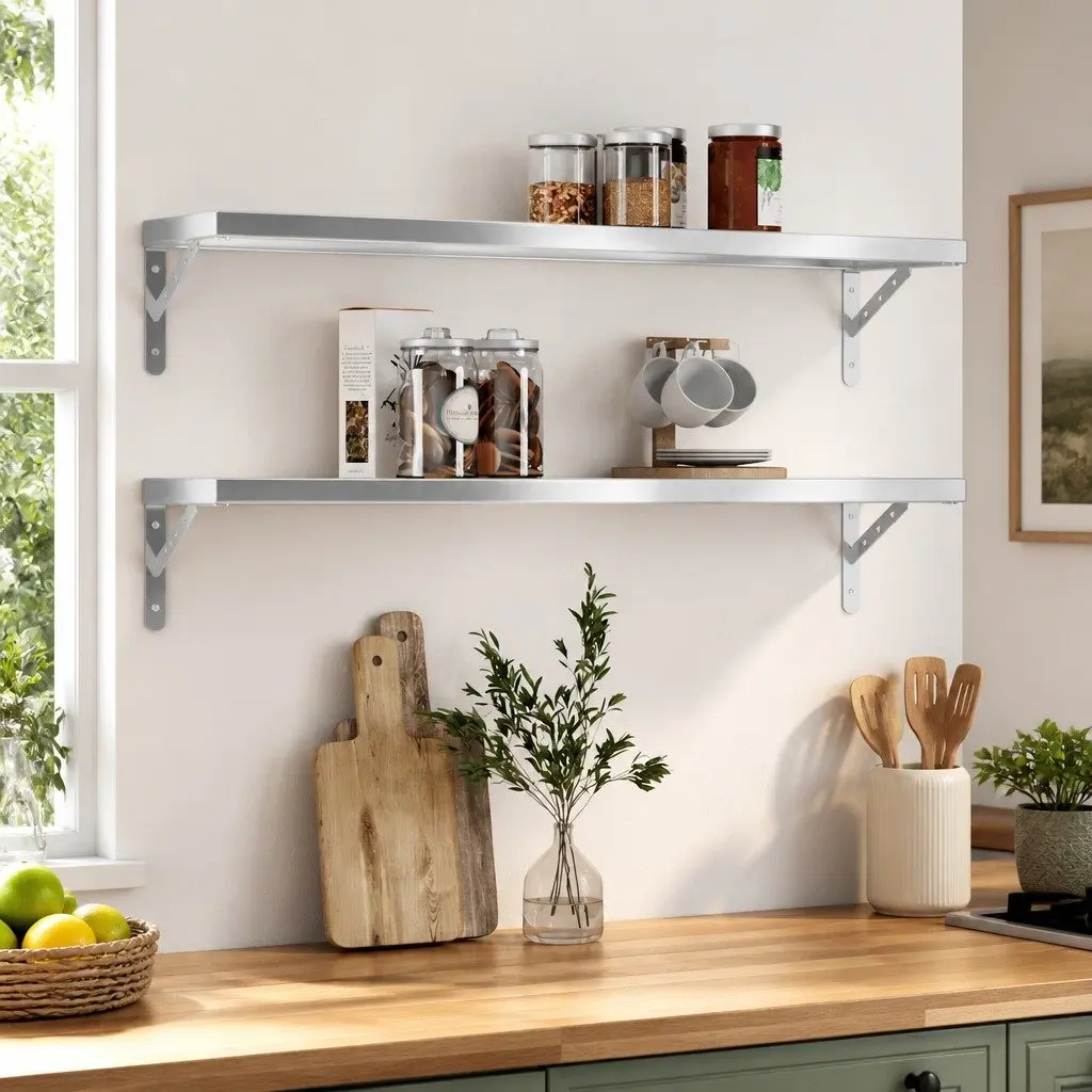 Wall Shelves Silver 100x23.5 cm Stainless Steel Floating Storage Display Rack 2 Piece