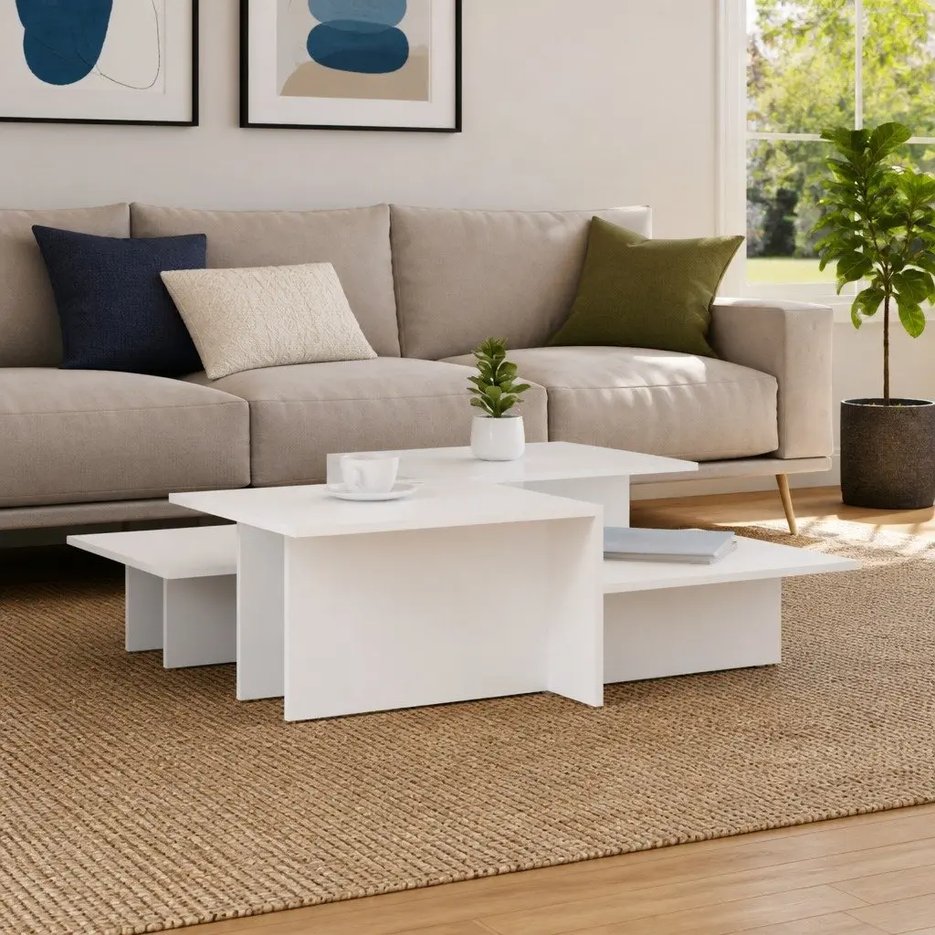 Coffee Table Set 2 Pieces White Engineered Wood Living Room Accent Furniture