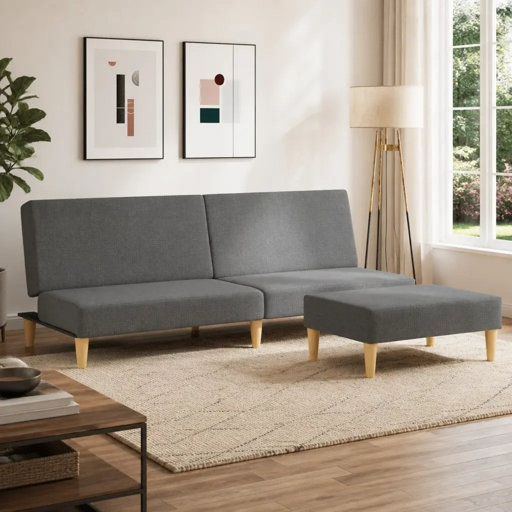 Sofa Bed Grey Velvet 2-Seater Adjustable Backrest Wooden Frame with Footstool and Pillows