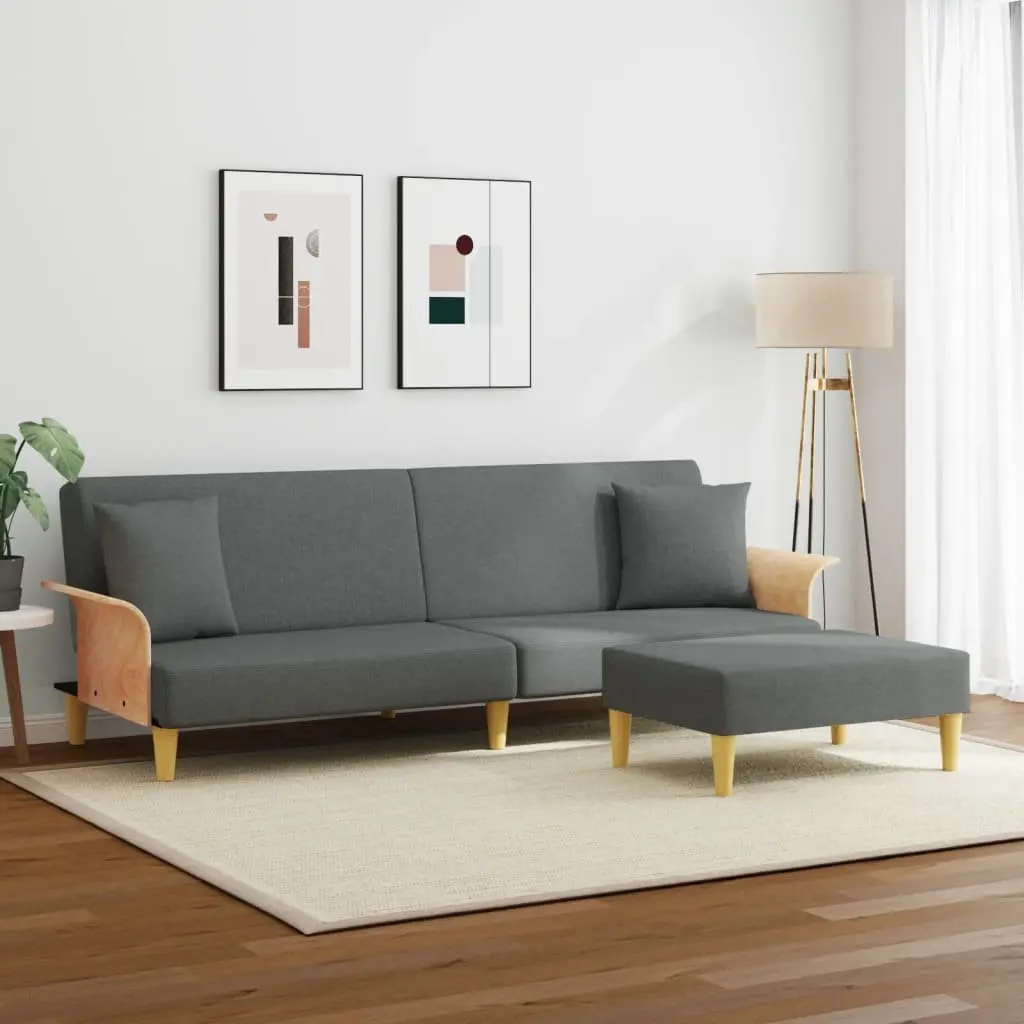 Sofa Bed Grey Velvet 2-Seater Adjustable Backrest Wooden Frame with Footstool and Pillows