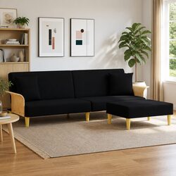Black Velvet 2-Seater Sofa Bed with Footstool