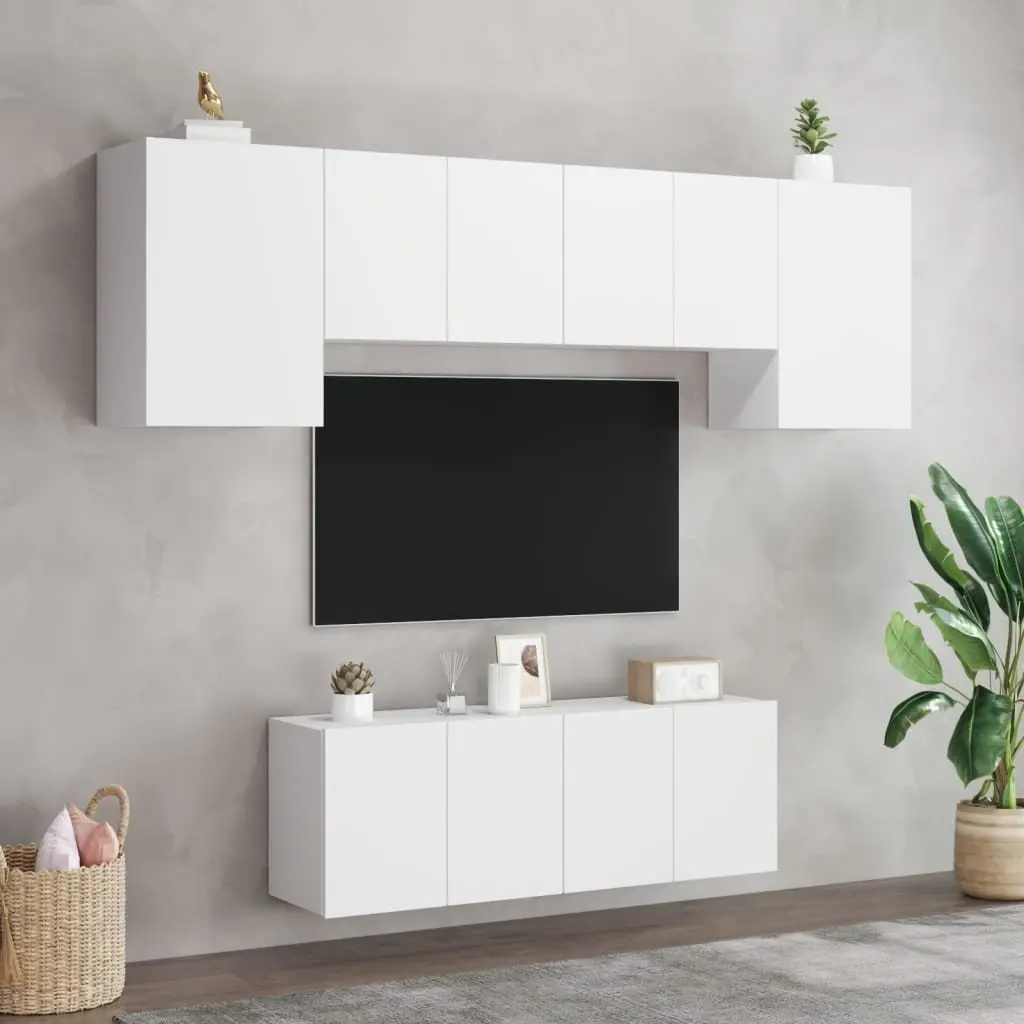 TV Wall Unit Floating 6 Piece White Engineered Wood Storage Shelves