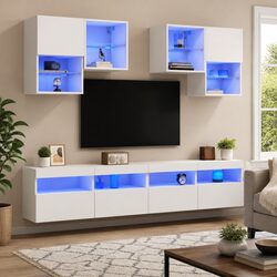 Floating White TV Wall Cabinet Set with RGB LED Lights
