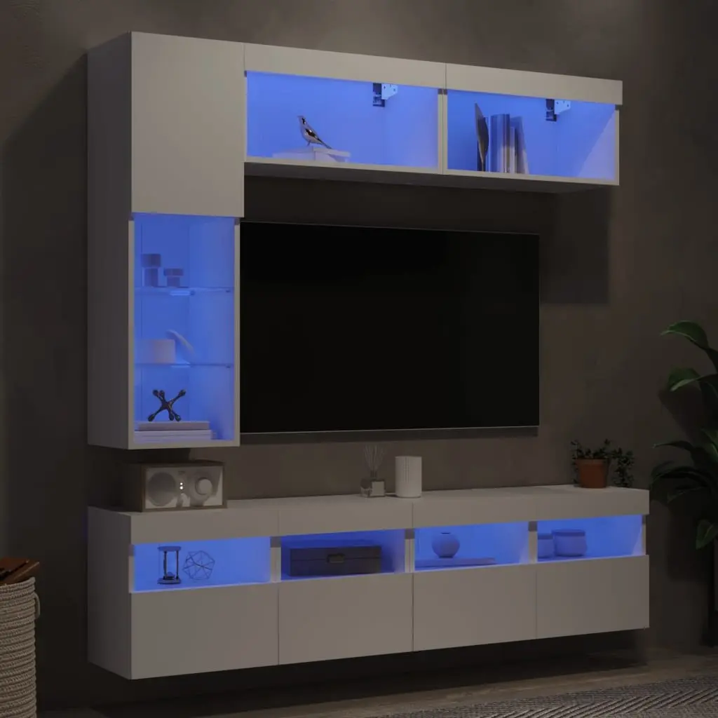 TV Wall Cabinet Set White Floating 7 Piece Engineered Wood Storage Unit with RGB LED Lights