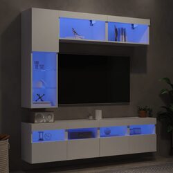 TV Wall Cabinet Set 7 Piece White Floating Storage Unit with RGB LED Lights