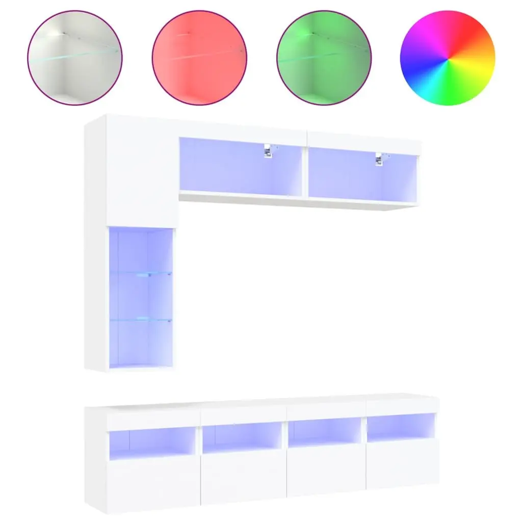 TV Wall Cabinet Set White Floating 7 Piece Engineered Wood Storage Unit with RGB LED Lights
