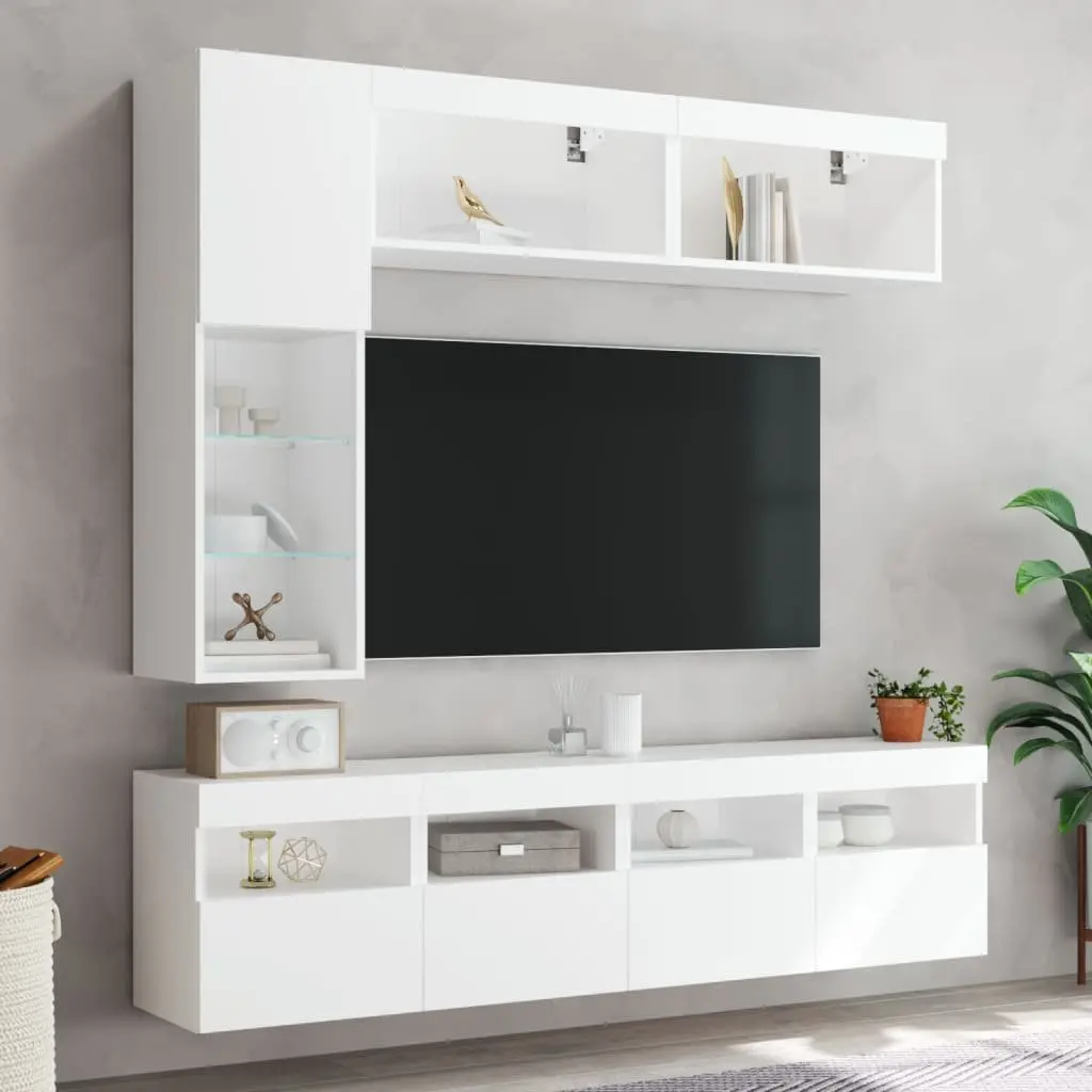 TV Wall Cabinet Set White Floating 7 Piece Engineered Wood Storage Unit with RGB LED Lights