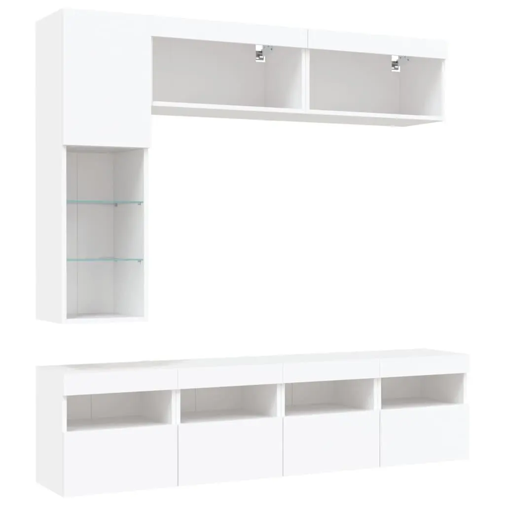 TV Wall Cabinet Set White Floating 7 Piece Engineered Wood Storage Unit with RGB LED Lights