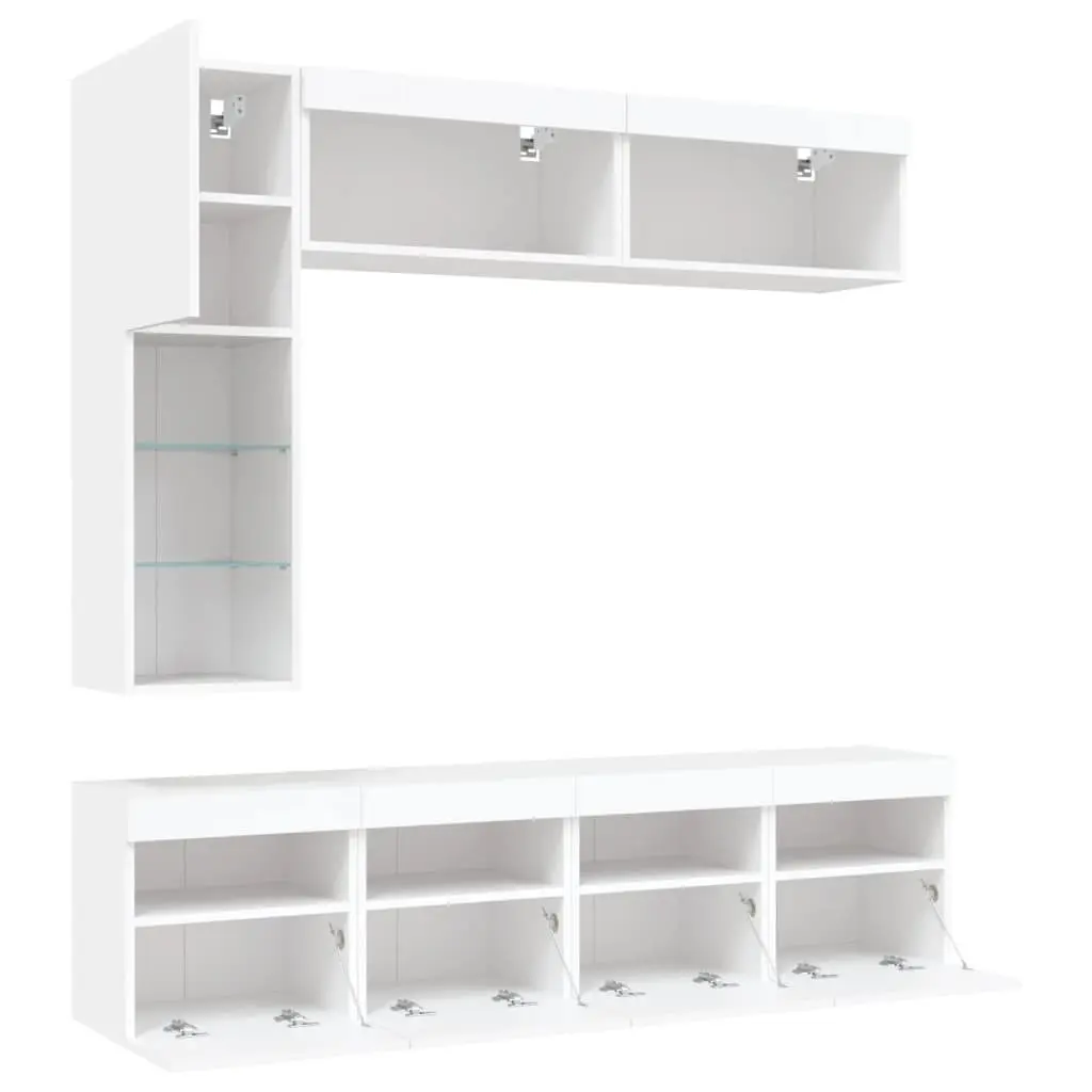 TV Wall Cabinet Set White Floating 7 Piece Engineered Wood Storage Unit with RGB LED Lights