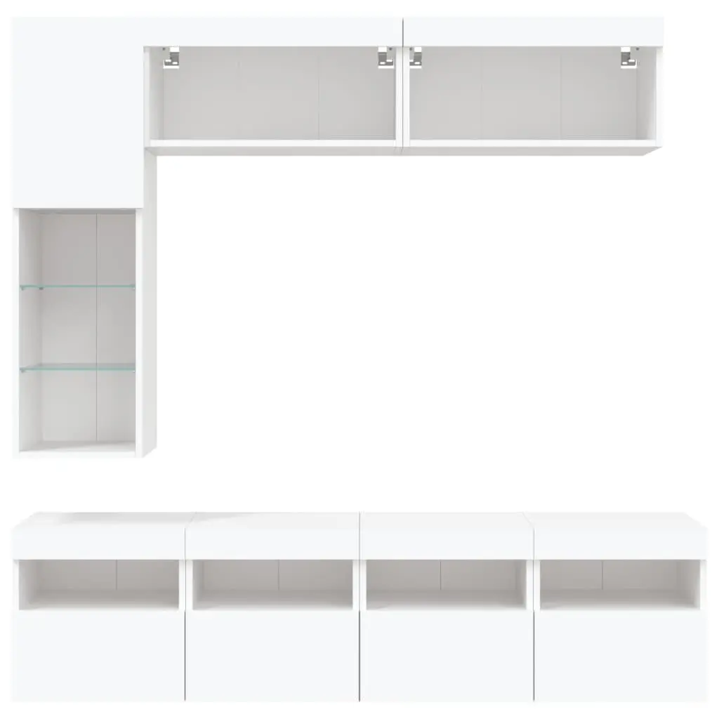 TV Wall Cabinet Set White Floating 7 Piece Engineered Wood Storage Unit with RGB LED Lights